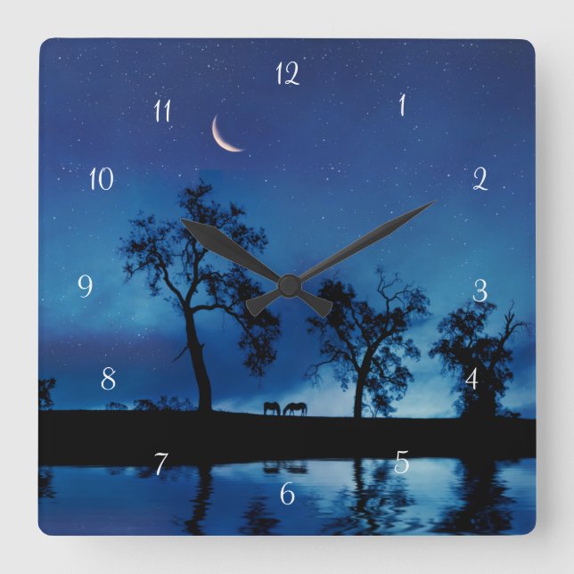 Hästar och Måne Stars Fantasy Beresh Fyrkantig Klocka (Framsida)