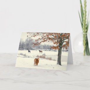 Hästar och pony i Snö vid Sjö under vinter Tack Kort