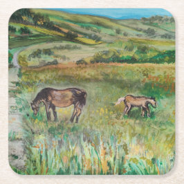 Hästar på ängen underlägg papper kvadrat