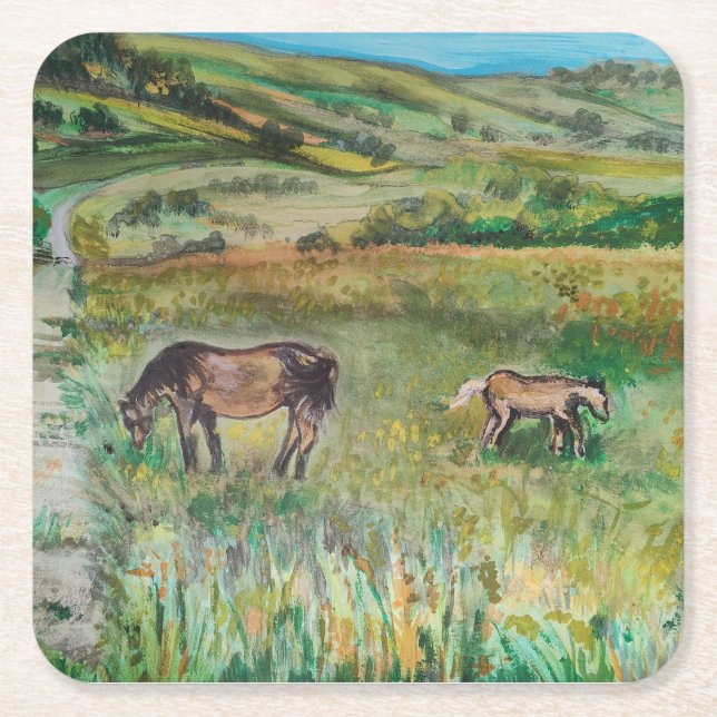 Hästar på ängen underlägg papper kvadrat (Framsidan)