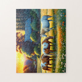 Hästar på bondgård Äng med vilda blommor Pussel