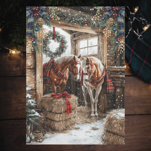 Hästar Plaid Land Christmas Vinter Ladugårdsscen Julkort