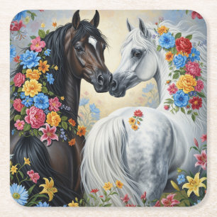 Hästar ramade i blommor Coaster Underlägg Papper Kvadrat