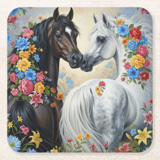 Hästar ramade i blommor Coaster Underlägg Papper Kvadrat