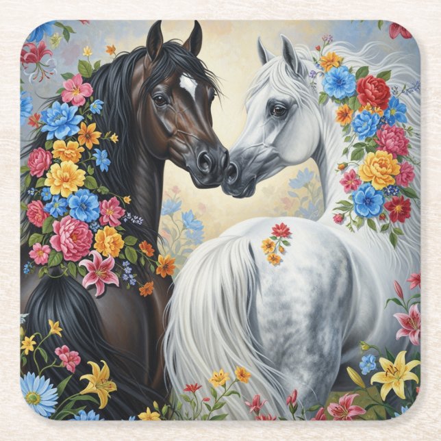 Hästar ramade i blommor Coaster Underlägg Papper Kvadrat (Framsidan)