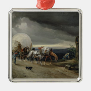 Hästar som drar vagnar, up en backe, 1856 julgransprydnad metall