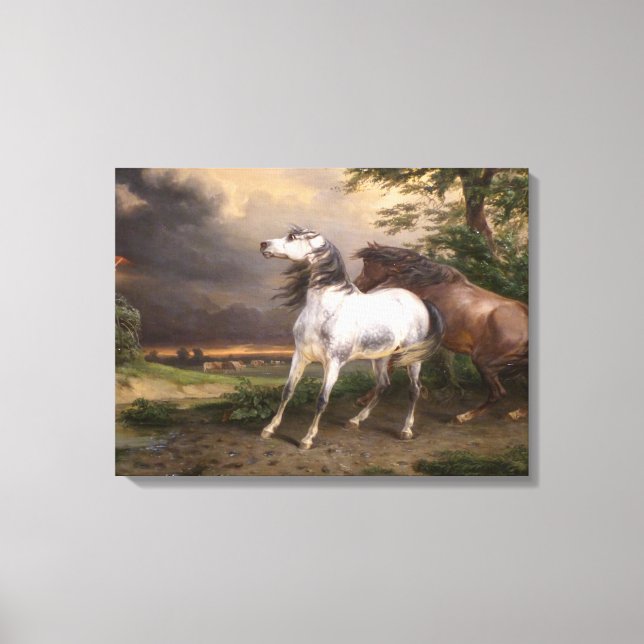 Hästar som skrämts av stormen (av Carle Vernet) Canvastryck (Framsida)