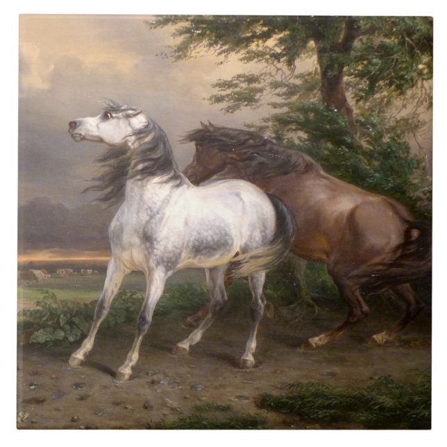 Hästar som skrämts av stormen (av Carle Vernet) Kakelplatta (Framsidan)