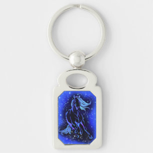 Hästar som springer vid Blue Starry Night Keychain Rektangulärt Silverfärgad Nyckelring
