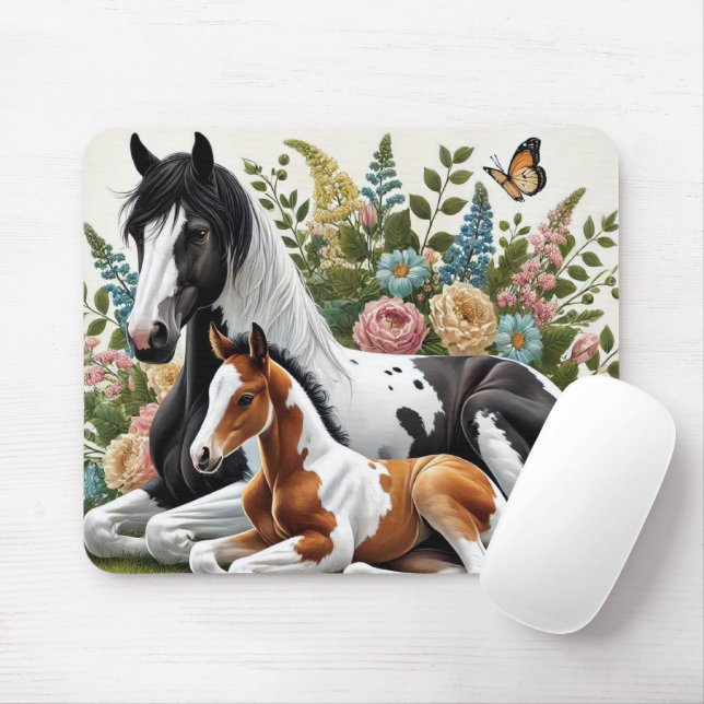 Hästar som vilar mellan brant Flowers och Greenery Musmatta (Med mus)