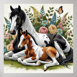 Hästar som vilar mellan brant Flowers och Greenery Poster