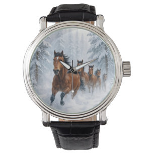 Hästar springer genom en snöig skog armbandsur