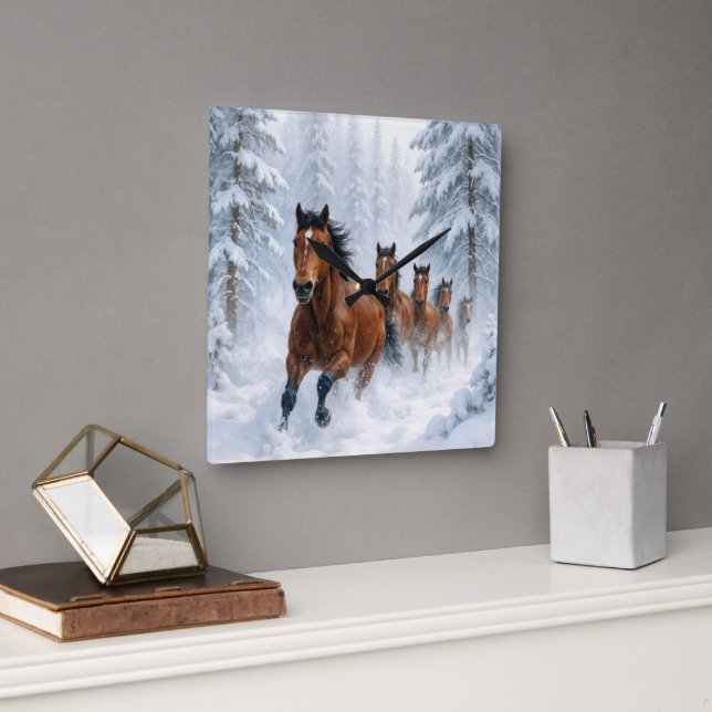Hästar springer genom en snöig skog fyrkantig klocka (Kontor)