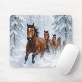 Hästar springer genom en snöig skog musmatta