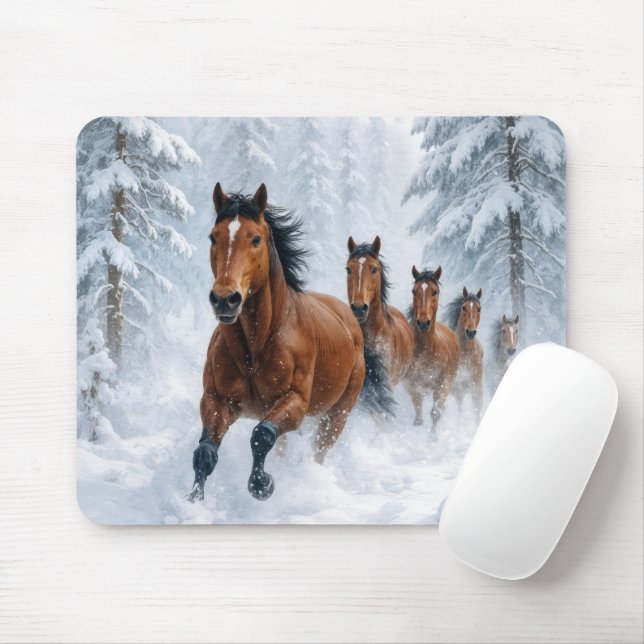 Hästar springer genom en snöig skog musmatta (Med mus)