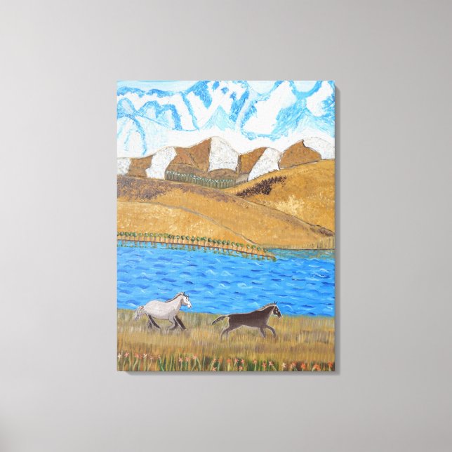 Hästar springer i bergen canvas konst (Framsida)