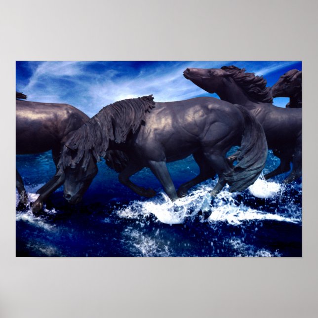 Hästar springer i landskapsbild med vatten poster (Framsidan)