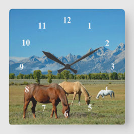 Hästar Teton Mountains Ligcape Photo Fyrkantig Klocka