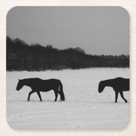 Hästar vid Snö kusterna Underlägg Papper Kvadrat