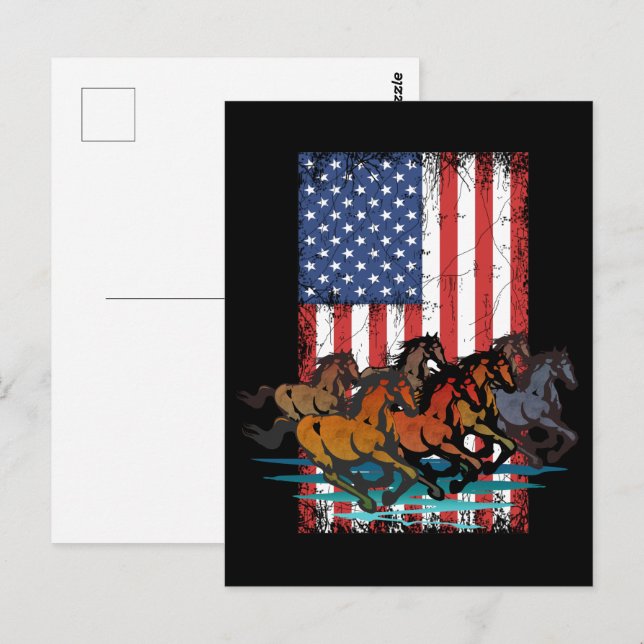 HÄSTAR VINTAGE AMERIKANSK FLAGGA NÖT  VYKORT (Fram/baksida)