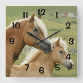 Hästarna Palomino Mor och Foal Porträtt Fyrkantig Klocka