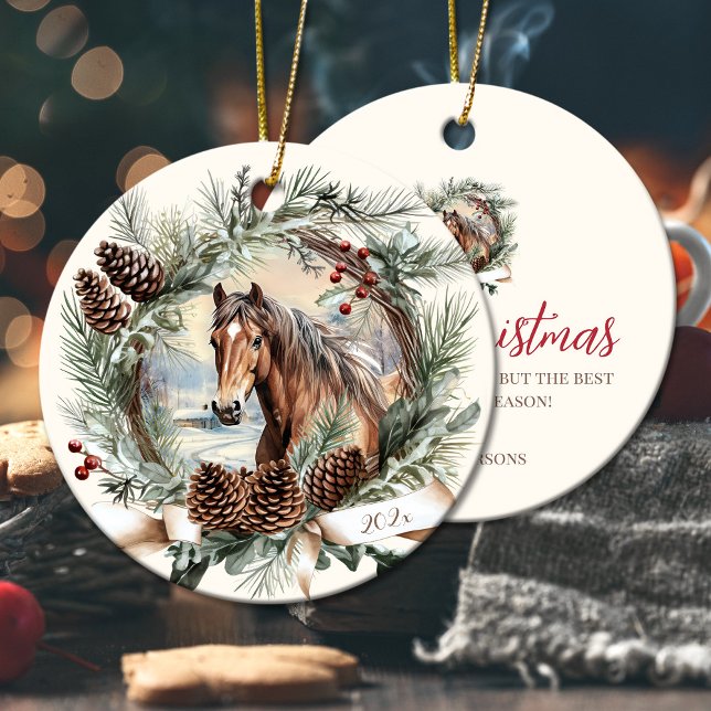 Hästdjur Julpinekon, andedräkt Julgransprydnad Keramik (Horses farm animal Christmas pinecone wreath Ceramic Ornament)