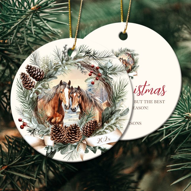 Hästdjur Julpinekon, andedräkt Julgransprydnad Keramik (Horses farm animal Christmas pinecone wreath Ceramic Ornament)
