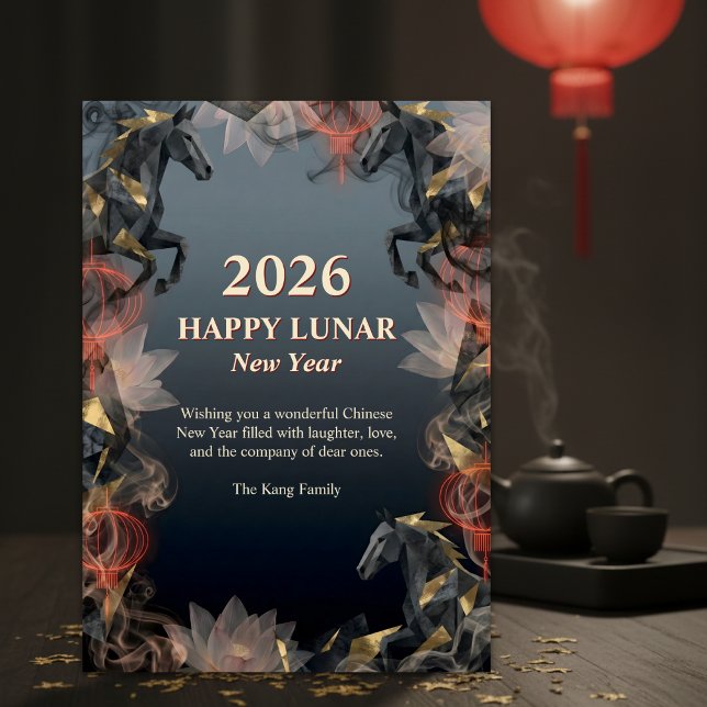 Hästens år 2026 kinesiskt lunarytt nyår julkort (2026 Lunar New Year – Year of the Horse, Lotus & Lanterns)