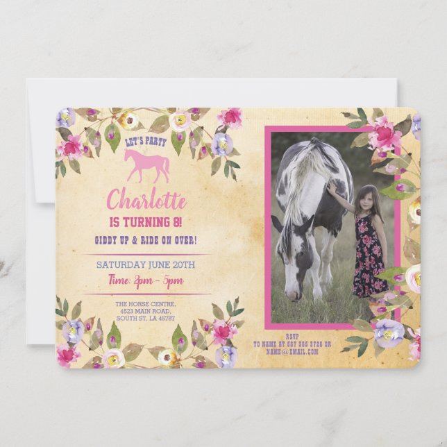 Hästfest Blommig Blommor Poni Rosa Inbjudan (Framsida)