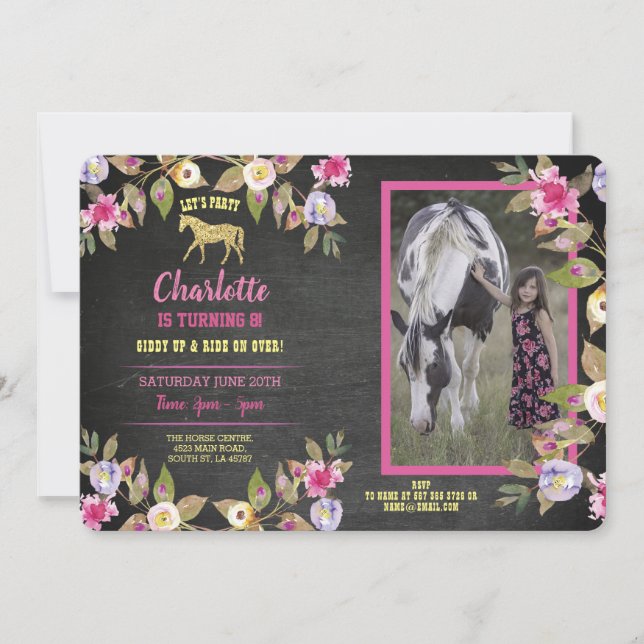 Hästfest Blommig Krita Ponny Rosa Inbjudan (Framsida)