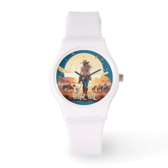 Hästflicka Cowgirl horse lover ökensolnedgång Armbandsur (Framsida)