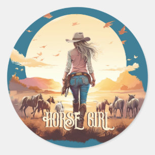 Hästflicka Cowgirl horse lover ökensolnedgång Runt Klistermärke