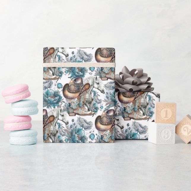 Hästflicka cowgirl mönster turquise blommigt presentpapper (Baby Shower)