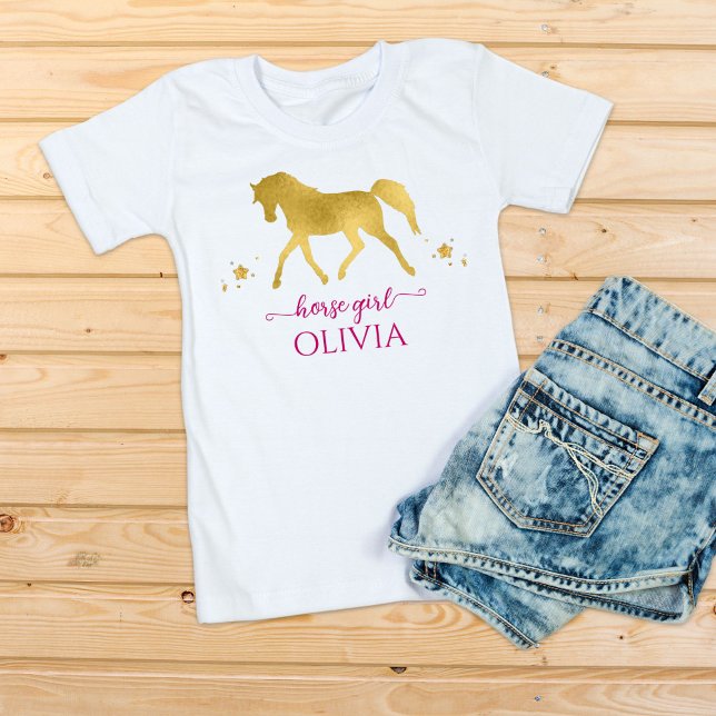 Hästflicka guld och rosa personlig namn t shirt (Skapare uppladdad)