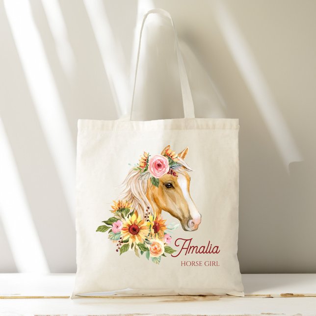 Hästflicka Palomino-häst med solblommor, anpassad Tygkasse (Horse girl Palomino horse with sunflowers customized name Tote Bag gifts for her horse lovers gifts)