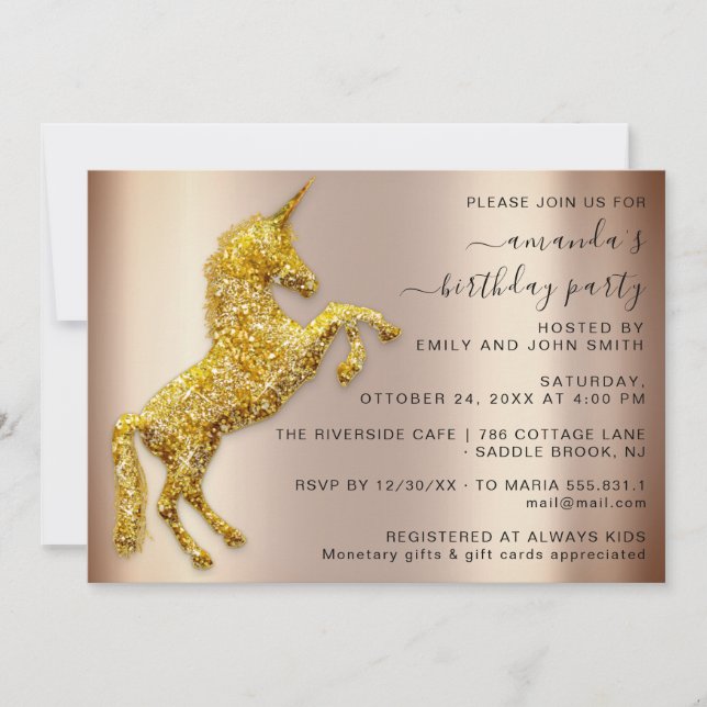 Hästfödelsedag för Unicorn Horse ro Guld Inbjudningar (Framsida)