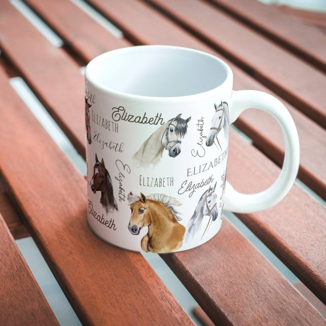 Hästgåvor för flickor i personlig namn kaffemugg (Horse gifts for girls personalized name beautiful horse portraits collage coffee mug)