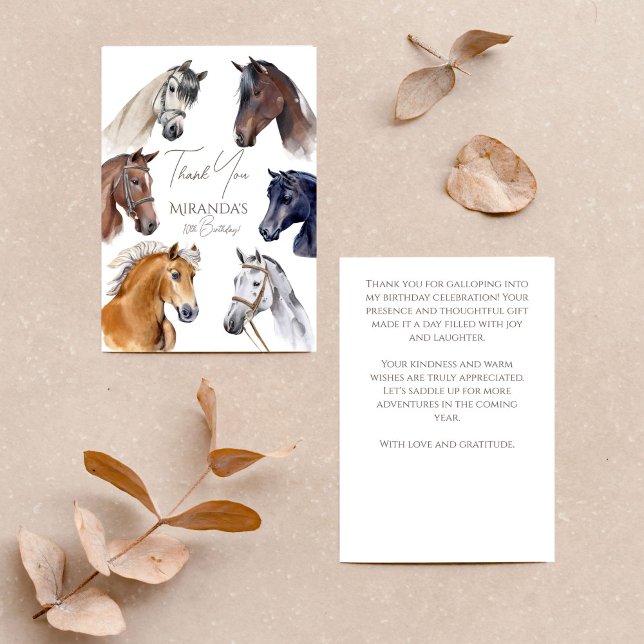 Hästhäst, elegant födelsedagsfest tack kort (Horses equestrian elegant birthday party thank you card elegant horses horse themed party thank you)