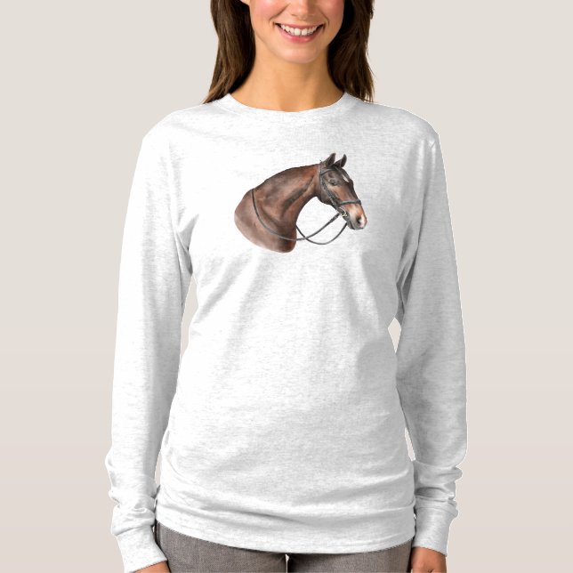 Hästhuvud i vattenfärgen Bay i en bridle T Shirt (Framsida)