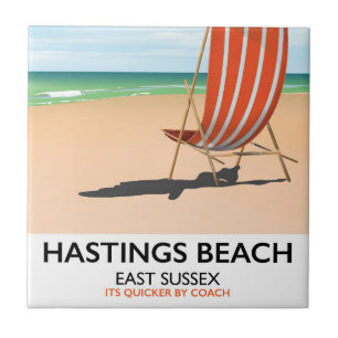 Hastings Beach, Öster Sussex vintage resor poster Kakelplatta