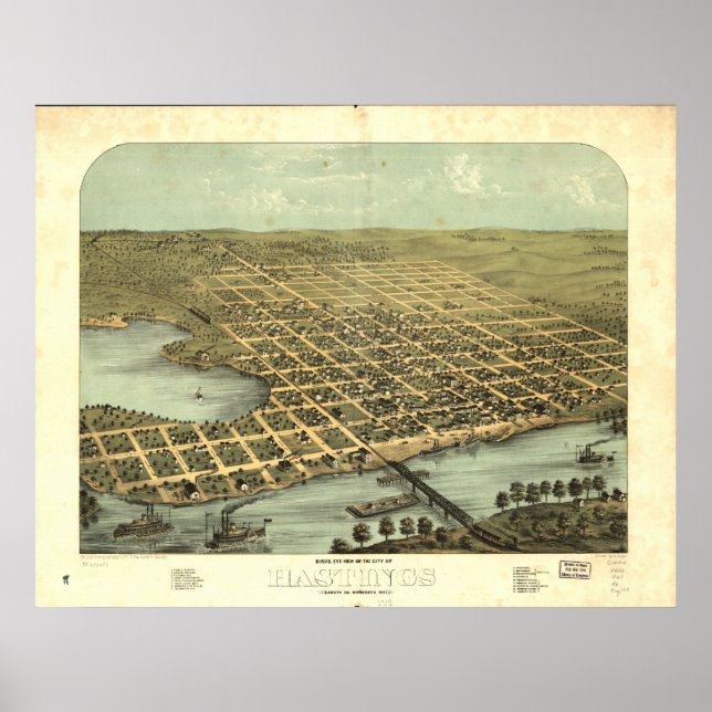 Hastings Minnesota 1867 Antique Panoramic Karta Poster (Framsidan)