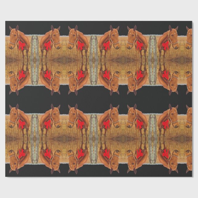 Hästjul, brun häst med rött båge presentpapper (Platt)