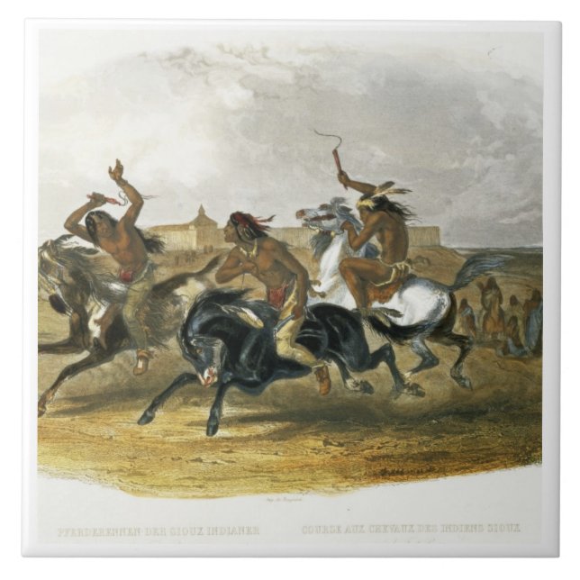Hästkapplöpning av Sioux indier near fort Pierre, Kakelplatta (Framsidan)