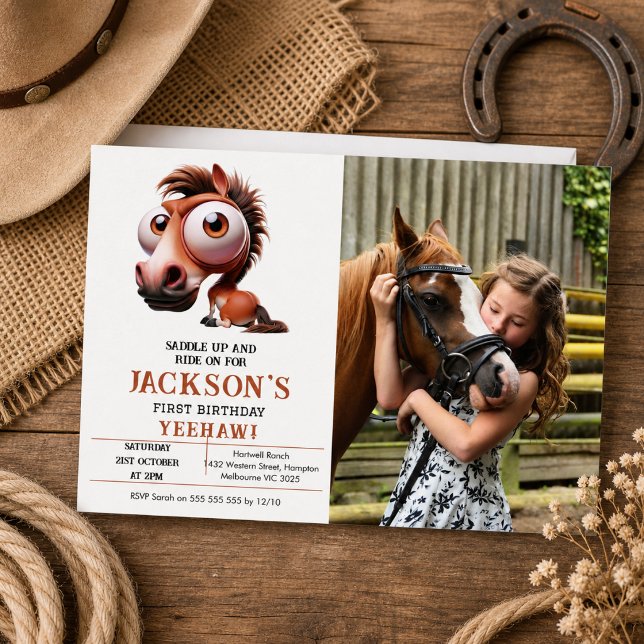 Hästkarikatyrer 1-års födelsedagsfest foto inbjudningar (Horse Caricatures 1st Birthday Party photo Invitation)
