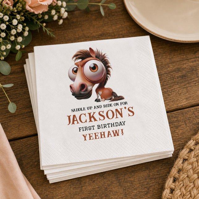 Hästkarikatyrer 1-års födelsedagsfest pappersservett (Horse Caricatures 1st Birthday Party Napkins)
