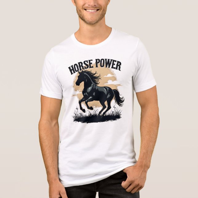 Hästkraft Svart Hingst Springande Western Rustik T Shirt (Framsida)