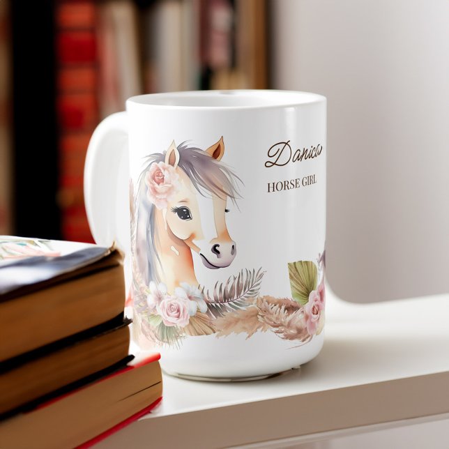 Hästponynger, matade gåvor beige söta hästblommor kaffemugg (Horses pony themed gifts beige cute horse flowers coffee mug horse gifts for girls)