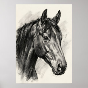 Hästporträtt Kolteckning Realistisk Equestrian Poster