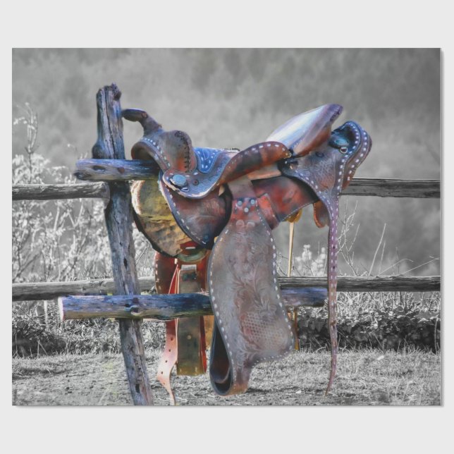 Hästsadel på korralstaketet Western Presentpapper (Platt)