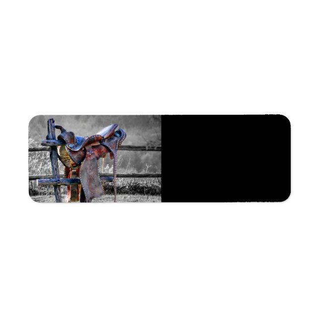 Hästsadel på korralstaketet Western Returadress Etikett (Framsidan)
